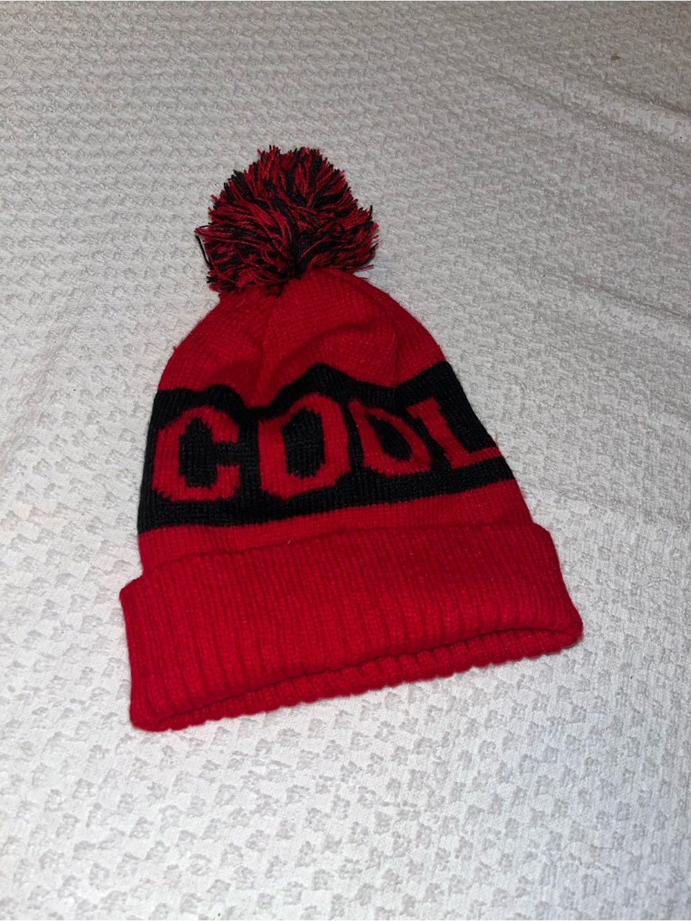 Kids Red Pom Knit Beanie with 'COOL' Knit Detail